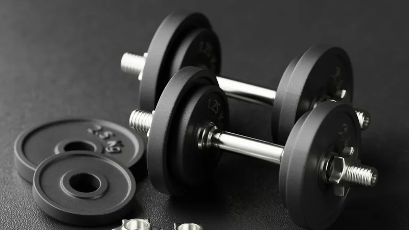 Mann tippt auf Smartphone zwischen Sätzen auf einer Gym-Bank, Handtuch und Flasche daneben