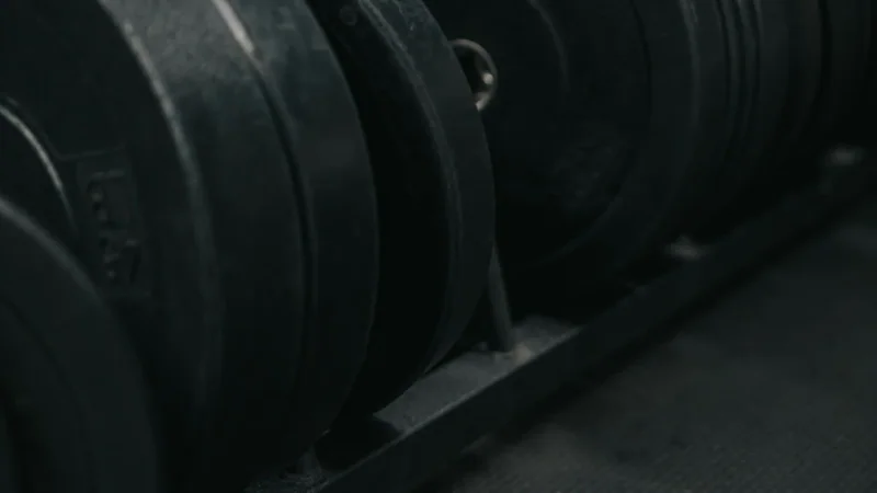 Farbige Bumper Plates auf einer Langhantel im Rack, warm beleuchtet