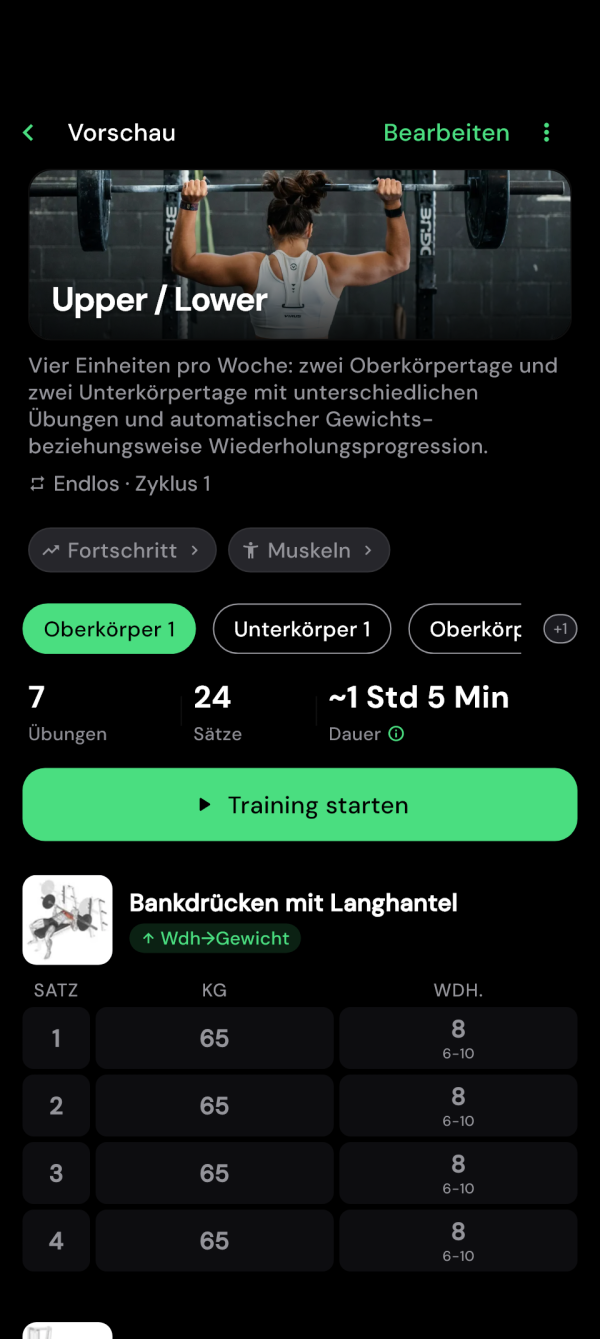 Vorschau des Oberkörpertrainings mit Übungen und Startknopf