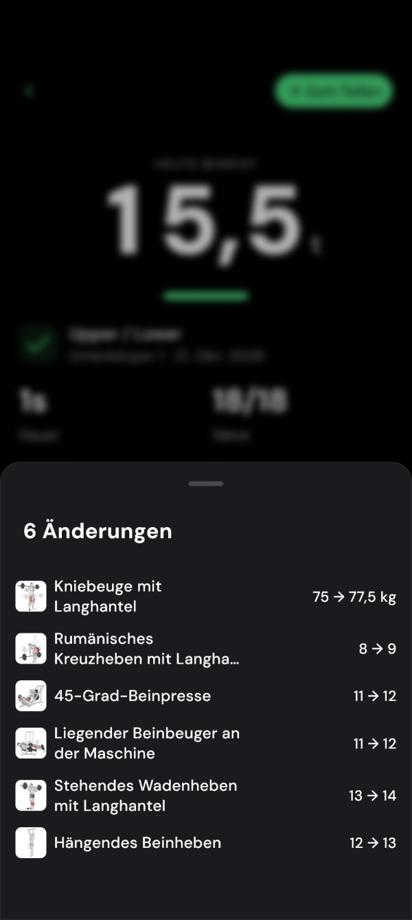 Änderung des Kniebeugengewichts von 75 auf 77,5 kg