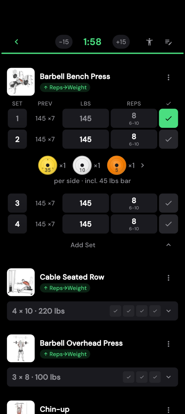 Bench press with previous values and one completed set