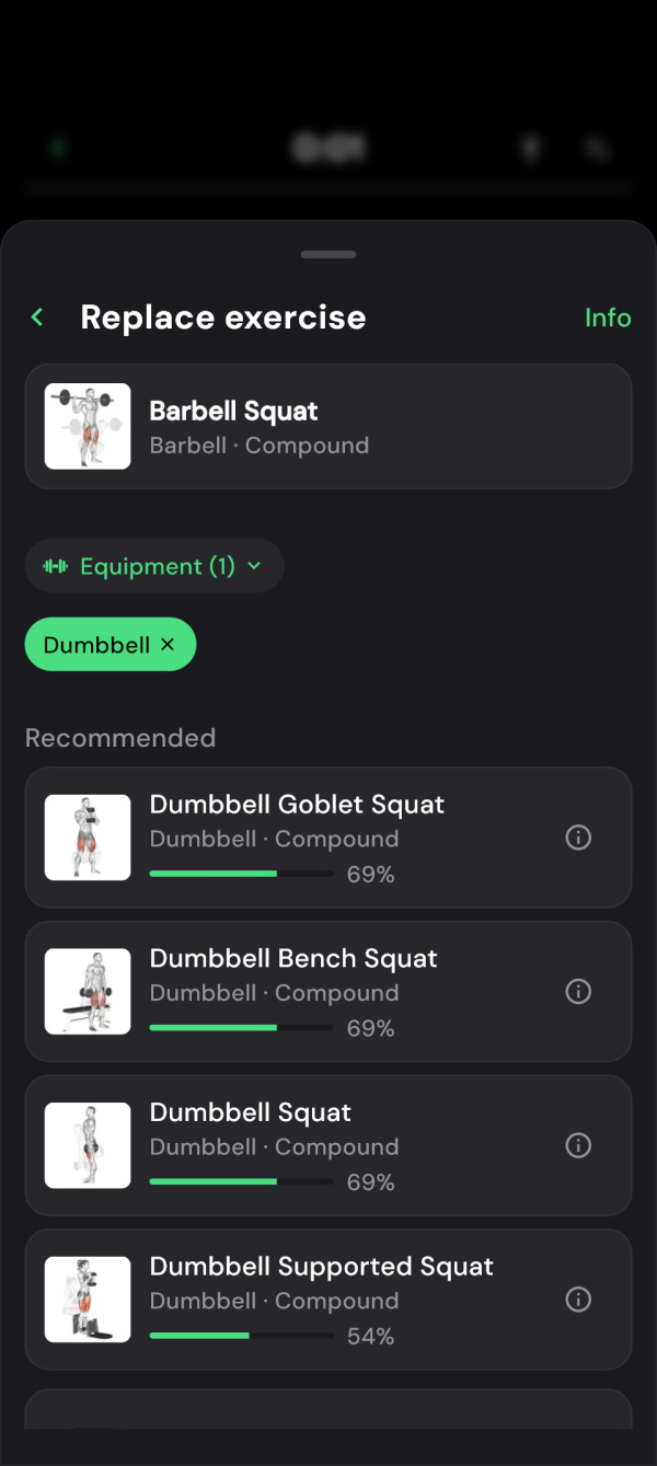 Replacement suggestions filtered by dumbbells