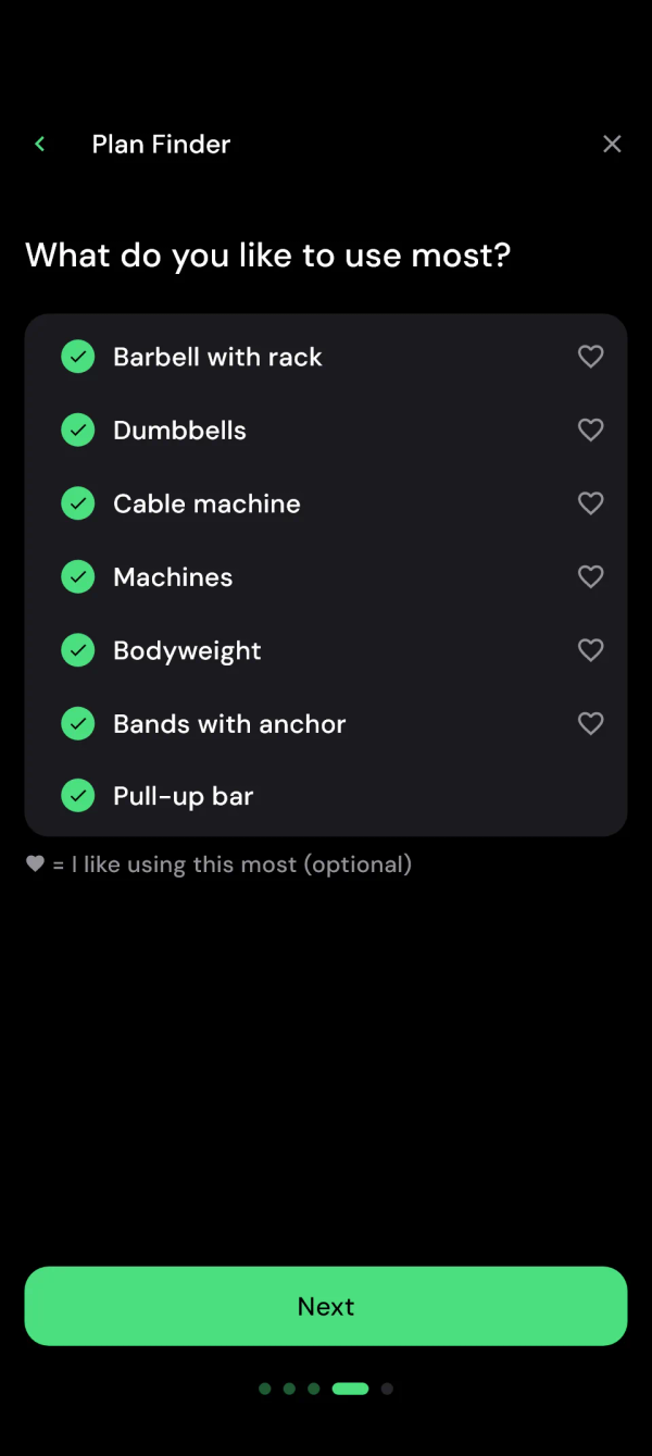 Plan Finder: tick your equipment and mark your favourite with a heart