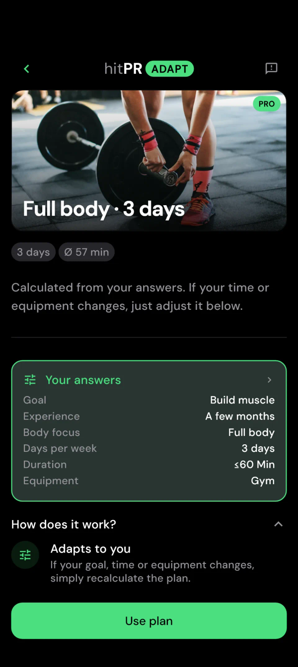 Adapt plan preview with time per workout and your answers