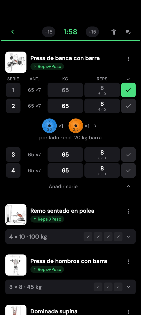 Press de banca con valores anteriores y una serie completada