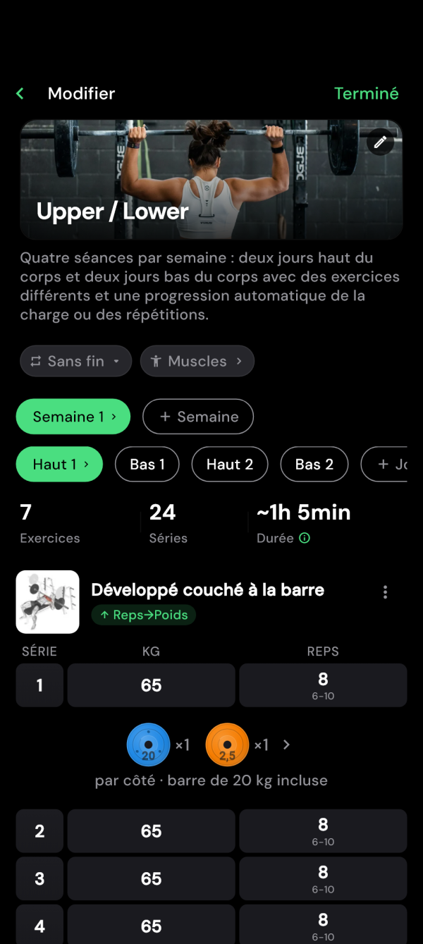 Éditeur du programme avec séances haut et bas du corps