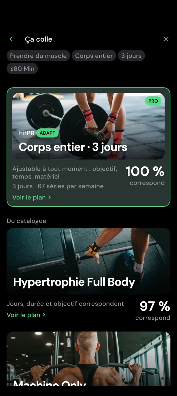 Résultats : le plan Adapt en haut, les plans du catalogue en dessous