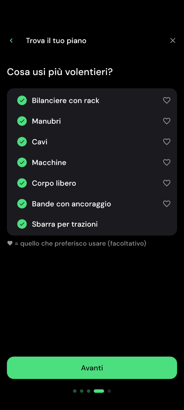 Trova il tuo piano: spunta l’attrezzatura e segna la preferita con un cuore