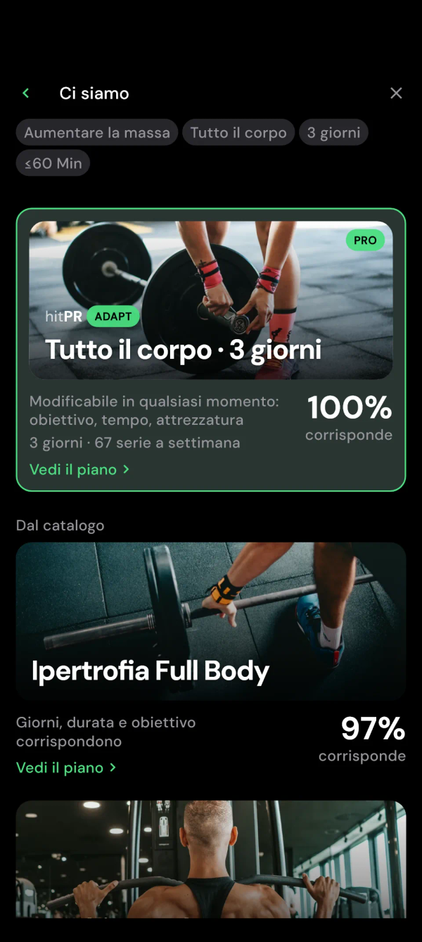 Risultati: il piano Adapt in cima, sotto i piani del catalogo