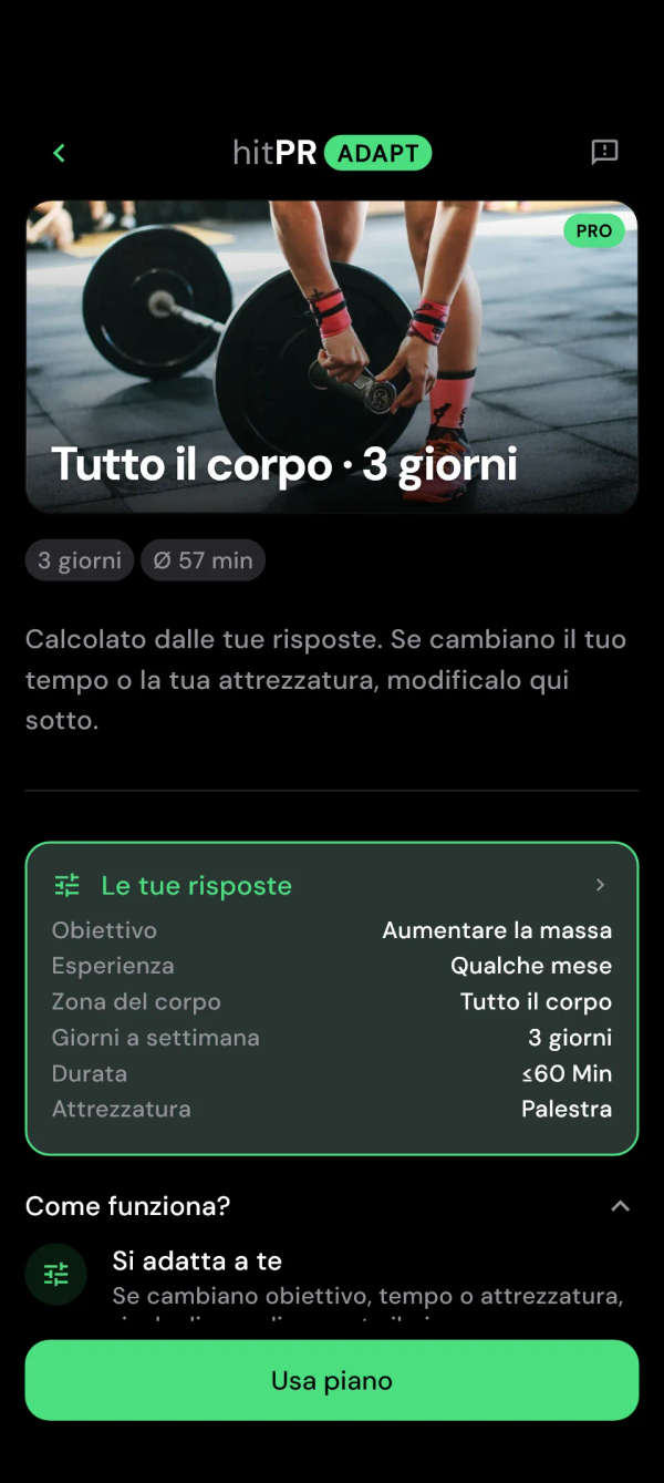 Anteprima del piano Adapt con la durata di ogni sessione e le tue risposte