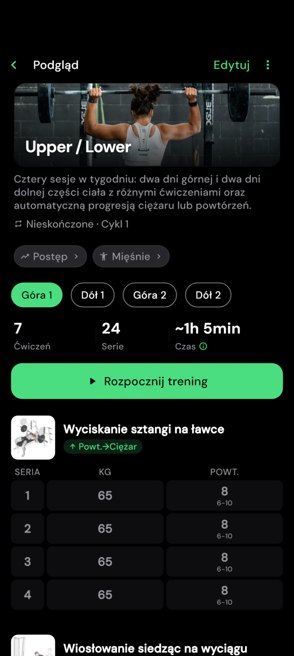 Podgląd treningu góry ciała z ćwiczeniami i przyciskiem startu