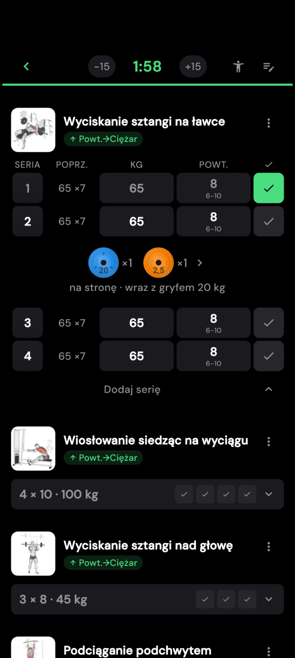 Wyciskanie leżąc z poprzednimi wynikami i ukończoną serią