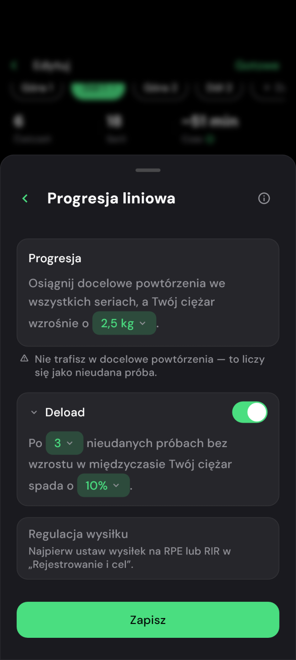 Ustawienia liniowej progresji ciężaru