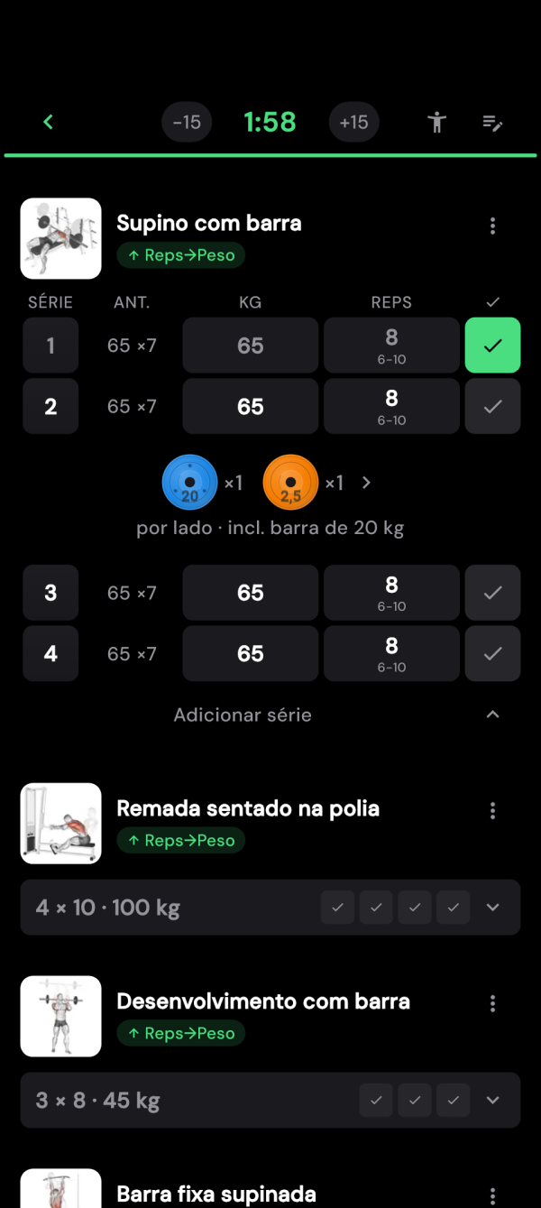 Supino com valores anteriores e uma série concluída