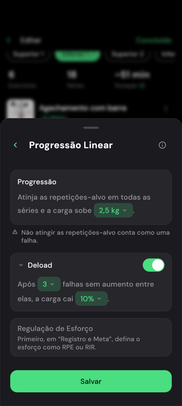 Configurações da progressão linear de peso