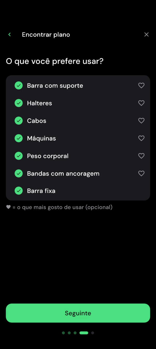 Encontrar plano: marque seu equipamento e escolha o favorito com o coração