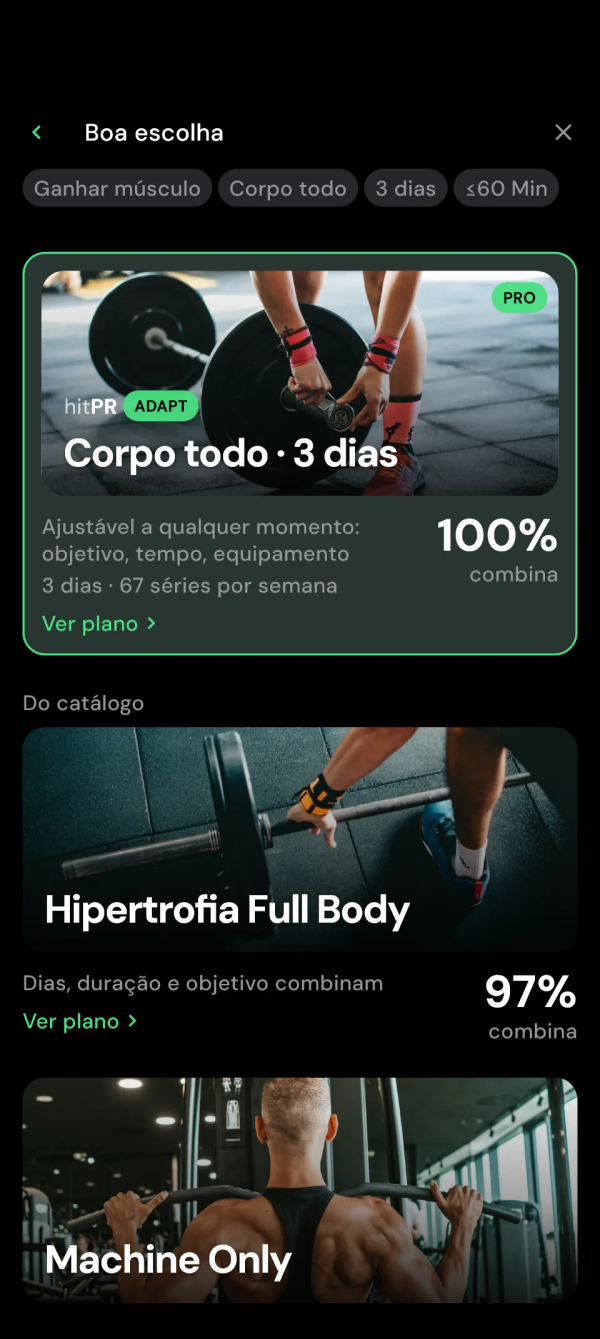 Resultados: o plano Adapt no topo e planos do catálogo abaixo