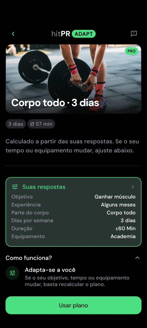 Prévia do plano Adapt com a duração de cada treino e suas respostas