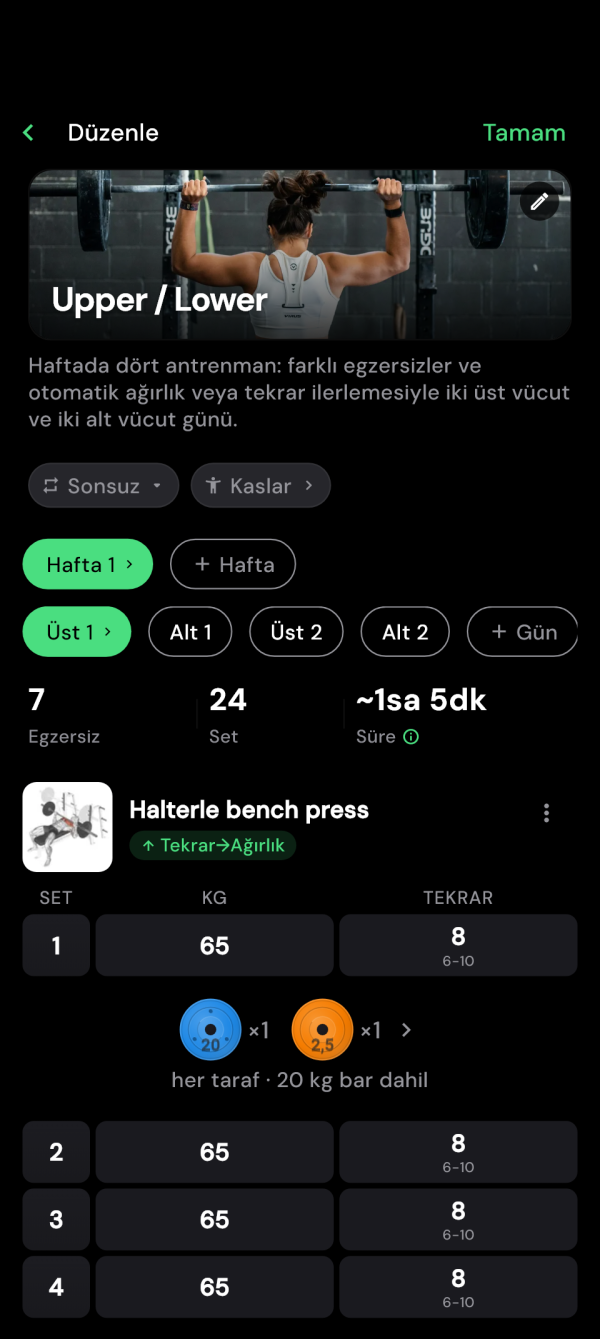 Üst ve alt vücut günlerini içeren plan düzenleyici