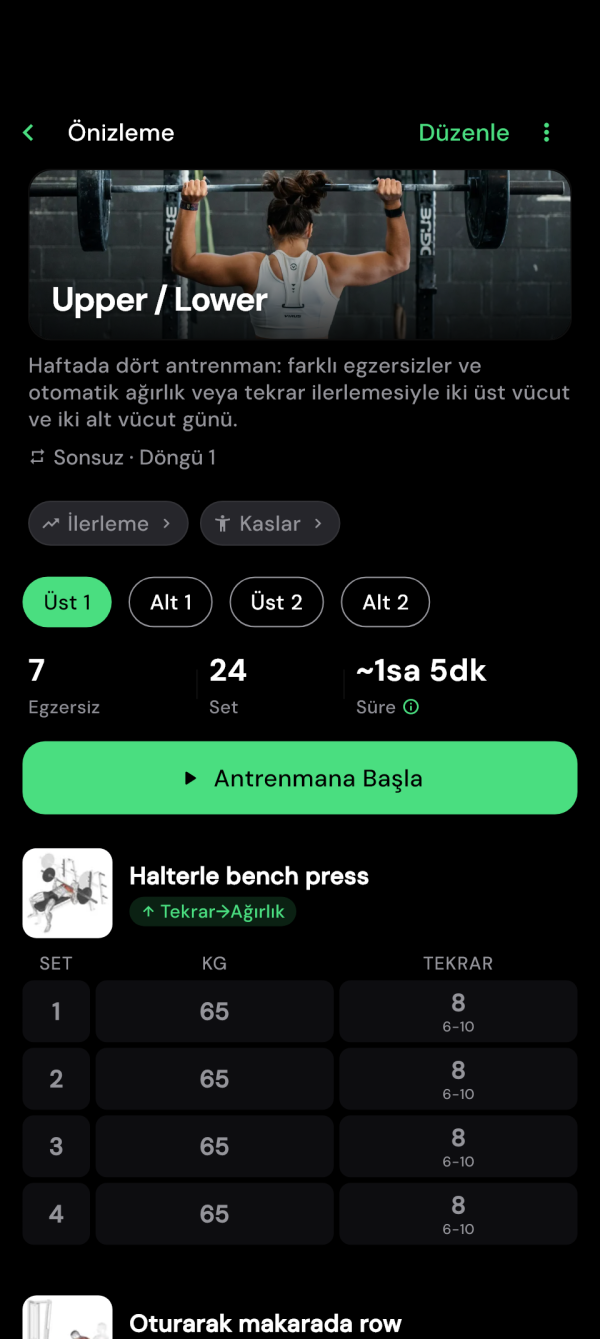Egzersizler ve başlat düğmesiyle üst vücut antrenmanı önizlemesi