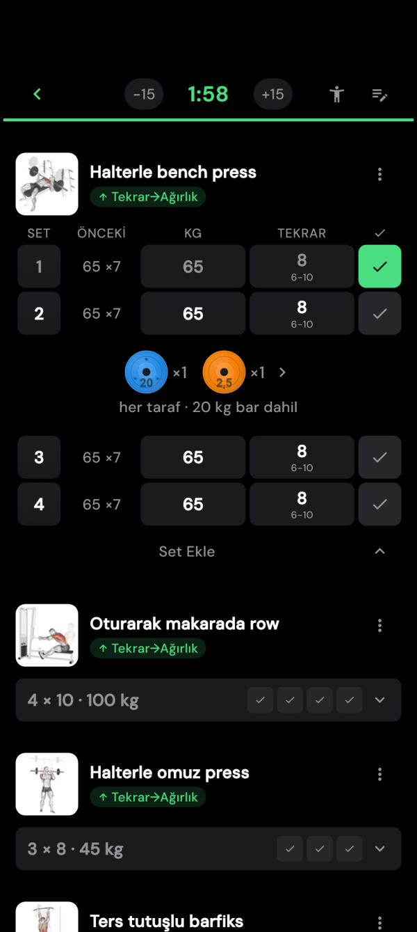 Önceki değerler ve tamamlanan bir setle bench press